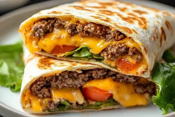 Stacked air fryer cheeseburger wraps filled with melted cheddar cheese, ground beef, lettuce, and tomato inside a toasted tortilla, served on a white plate.