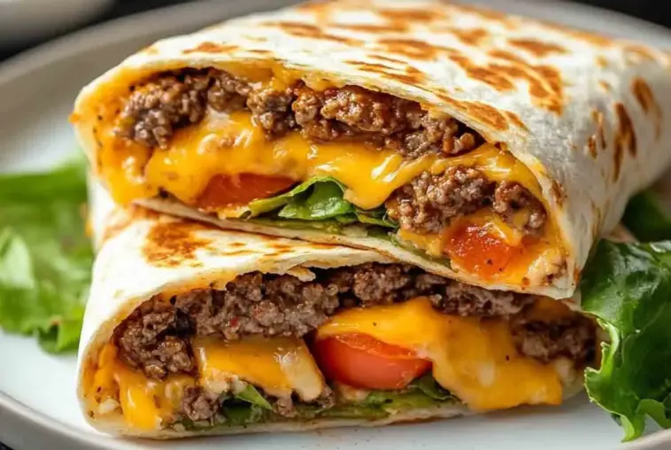 Stacked air fryer cheeseburger wraps filled with melted cheddar cheese, ground beef, lettuce, and tomato inside a toasted tortilla, served on a white plate.