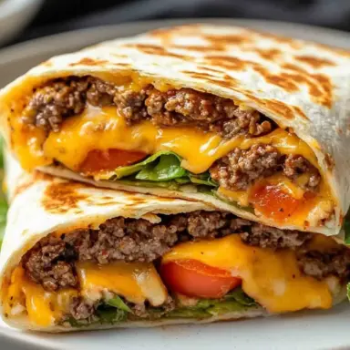 Close-up of sliced air fryer cheeseburger wraps filled with seasoned ground beef, melted cheddar cheese, lettuce, and tomato in a golden crispy tortilla.