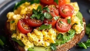 Whole grain toast layered with mashed avocado, fluffy scrambled eggs, halved cherry tomatoes, and chopped parsley on a dark plate