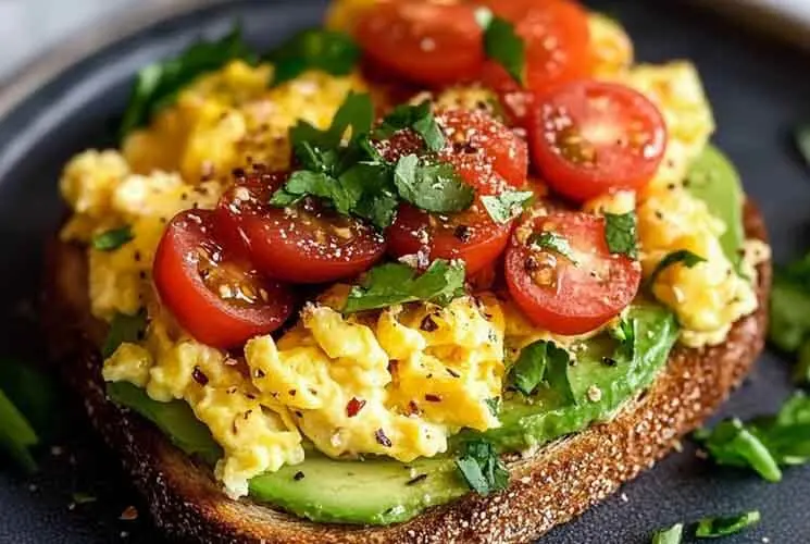 Whole grain toast layered with mashed avocado, fluffy scrambled eggs, halved cherry tomatoes, and chopped parsley on a dark plate
