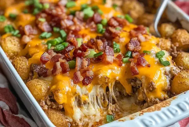Golden tater tot casserole with melted cheddar, crispy bacon pieces, and green onions, showing a cheesy scoop being lifted from a white baking dish.