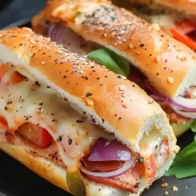 Close-up of a baked Italian sub sandwich filled with melted cheese, pepperoni, ham, red onion, and banana peppers, served on a black plate.