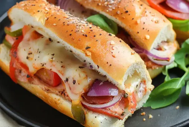 Oven-baked Italian sub sandwich on a plate, stuffed with melted provolone, ham, salami, red onion, banana peppers, and toasted hoagie bread.