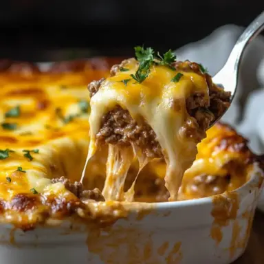 Close-up of a cheesy beef and cheddar casserole being scooped from a white baking dish, with melted cheese stretching and ground beef visible