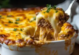 Freshly baked beef and cheddar casserole in a white dish with melted cheese stretching from a serving spoon, garnished with parsley