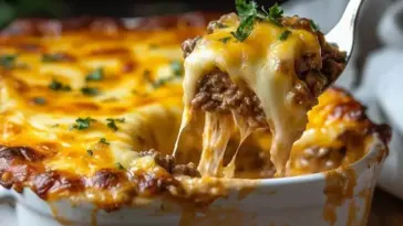 Freshly baked beef and cheddar casserole in a white dish with melted cheese stretching from a serving spoon, garnished with parsley