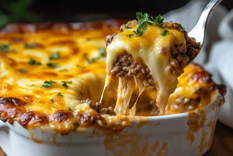Freshly baked beef and cheddar casserole in a white dish with melted cheese stretching from a serving spoon, garnished with parsley