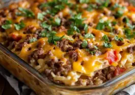 Baked Big Mac Casserole in a glass dish, featuring layers of seasoned ground beef, melted cheddar cheese, diced tomatoes, and fresh parsley on top.