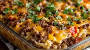 Baked Big Mac Casserole in a glass dish, featuring layers of seasoned ground beef, melted cheddar cheese, diced tomatoes, and fresh parsley on top.