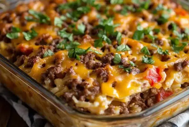 Baked Big Mac Casserole in a glass dish, featuring layers of seasoned ground beef, melted cheddar cheese, diced tomatoes, and fresh parsley on top.