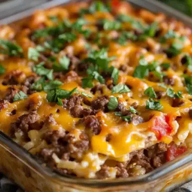 Close-up of a baked Big Mac Casserole topped with ground beef, cheddar cheese, and chopped parsley, layered in a glass dish with creamy filling and crisp edges.