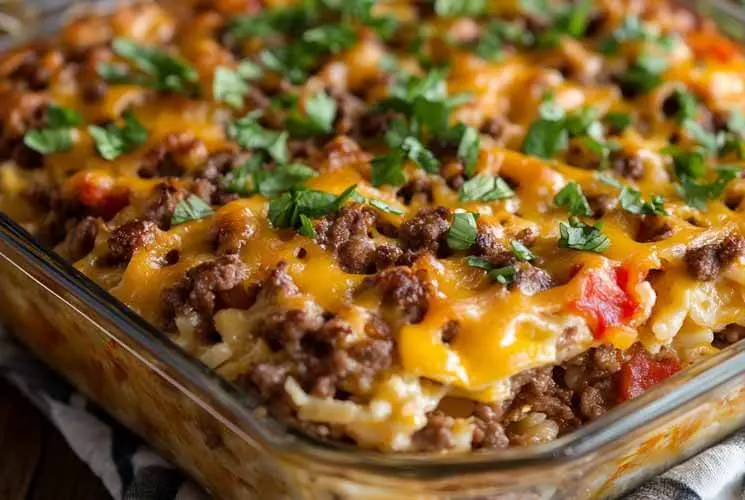 Baked Big Mac Casserole in a glass dish, featuring layers of seasoned ground beef, melted cheddar cheese, diced tomatoes, and fresh parsley on top.