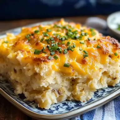 Close-up of a slice of Biscuits and Gravy Hashbrown Casserole topped with melted cheese and chopped chives on a blue-patterned plate