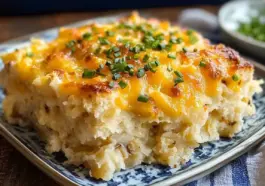 A slice of biscuits and gravy hashbrown casserole topped with melted cheddar cheese and chopped chives, served on a patterned plate