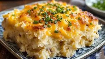 A slice of biscuits and gravy hashbrown casserole topped with melted cheddar cheese and chopped chives, served on a patterned plate