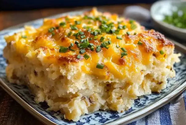 A slice of biscuits and gravy hashbrown casserole topped with melted cheddar cheese and chopped chives, served on a patterned plate