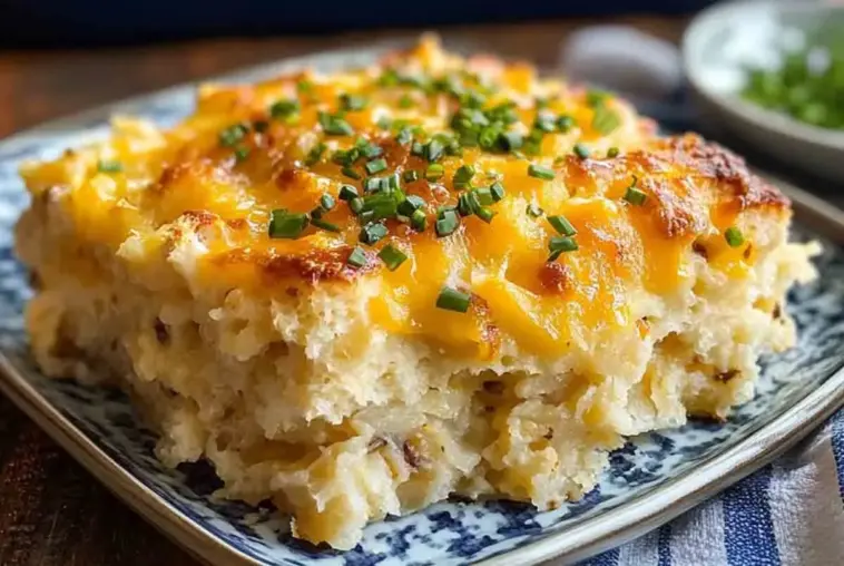 A slice of biscuits and gravy hashbrown casserole topped with melted cheddar cheese and chopped chives, served on a patterned plate