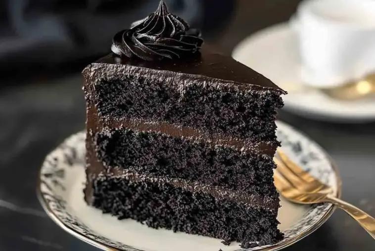 Close-up of a decadent three-layer Black Velvet Cake slice with dark chocolate frosting, served on a vintage plate with a gold fork in the background.