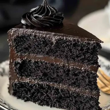 A slice of rich, three-layer Black Velvet Cake with glossy black frosting and piped swirl on top, served on a white and black vintage plate.