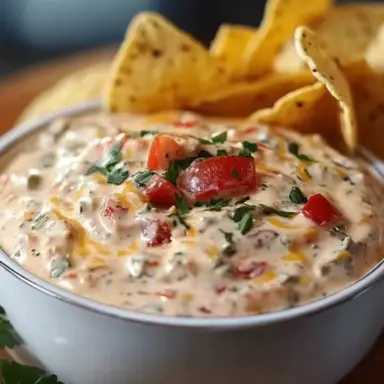 Close-up of creamy Boat Dip in a white bowl, topped with diced tomatoes and herbs, served with tortilla chips.