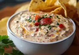 Bowl of creamy Boat Dip topped with diced tomatoes and herbs, surrounded by tortilla chips on a wooden board.