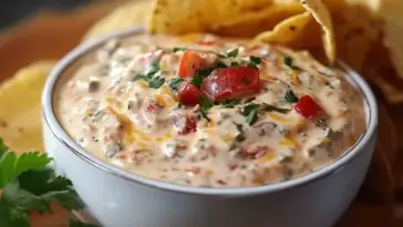 Bowl of creamy Boat Dip topped with diced tomatoes and herbs, surrounded by tortilla chips on a wooden board.