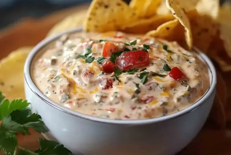 Bowl of creamy Boat Dip topped with diced tomatoes and herbs, surrounded by tortilla chips on a wooden board.