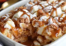 Baked caramel apple cinnamon roll dump cake in a white dish, topped with powdered sugar, caramel drizzle, and soft cinnamon roll chunks.