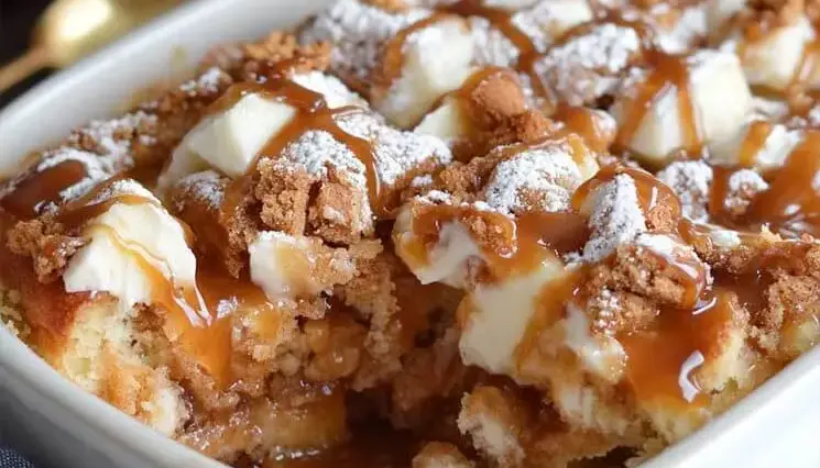 Baked caramel apple cinnamon roll dump cake in a white dish, topped with powdered sugar, caramel drizzle, and soft cinnamon roll chunks.