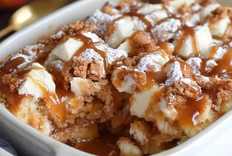 Baked caramel apple cinnamon roll dump cake in a white dish, topped with powdered sugar, caramel drizzle, and soft cinnamon roll chunks.