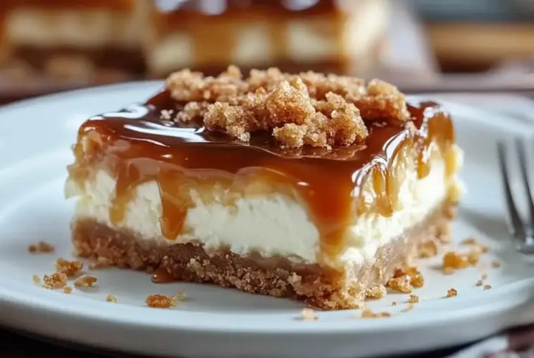 Close-up of a thick caramel cheesecake bar with creamy layers, a graham cracker base, rich caramel glaze, and brown sugar crumble on top, served on a white plate.