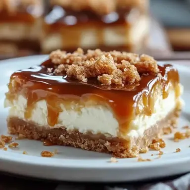 Close-up of a caramel cheesecake bar with a buttery graham cracker crust, creamy cheesecake layer, glossy caramel topping, and brown sugar crumble, served on a white plate.
