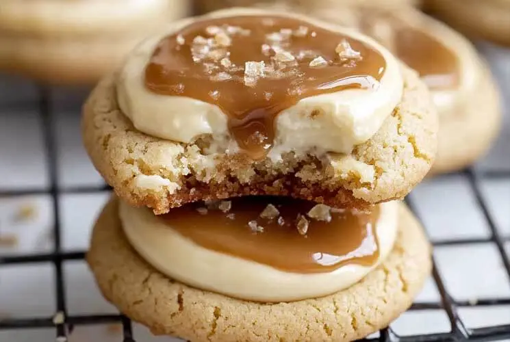 Stacked caramel cheesecake cookies on a cooling rack, topped with creamy caramel and flaky sea salt, showing a gooey cheesecake filling inside.