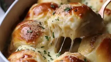 Golden brown cheesy dinner rolls in a baking dish, with one roll being pulled out showing stretchy melted cheese and parsley topping.