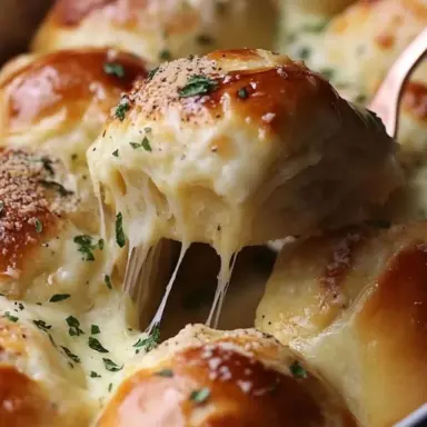 Close-up of freshly baked cheesy dinner rolls with golden tops and stretchy melted cheese, topped with parsley and parmesan.
