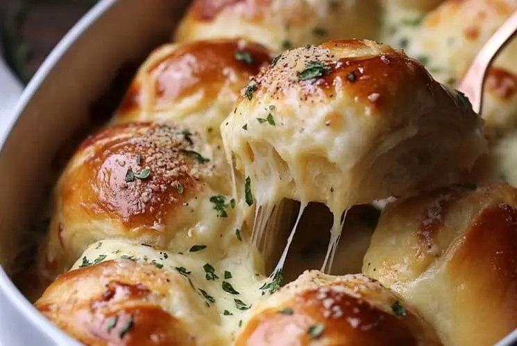 Golden brown cheesy dinner rolls in a baking dish, with one roll being pulled out showing stretchy melted cheese and parsley topping.