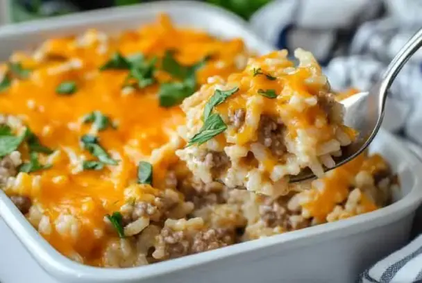Cheesy hamburger rice casserole in a white baking dish with melted cheddar cheese and ground beef, topped with parsley, with a spoonful lifted up.