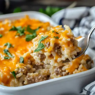 Close-up of cheesy hamburger rice casserole in a white baking dish with melted cheddar and fresh parsley, showing creamy rice and ground beef on a spoon.