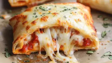 Golden-brown cheesy pizza pocket with melted mozzarella and tomato sauce spilling from the center, topped with fresh herbs on parchment paper.