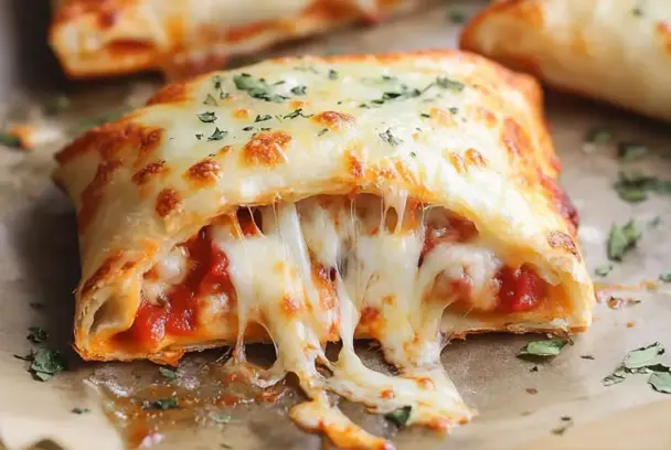 Golden-brown cheesy pizza pocket with melted mozzarella and tomato sauce spilling from the center, topped with fresh herbs on parchment paper.