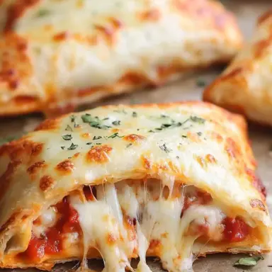 Close-up of a cheesy pizza pocket cut open with melted mozzarella, tomato sauce, and herbs oozing out of a golden-brown, flaky crust.