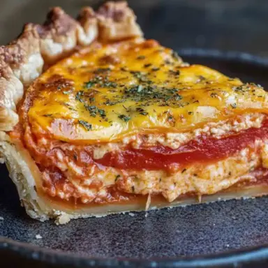 Slice of cheesy tomato pie on a plate, showing layered tomatoes, creamy cheese filling, and a flaky, golden crust topped with herbs