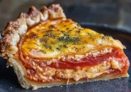 Close-up slice of cheesy tomato pie with layers of fresh tomatoes, creamy filling, and golden baked cheese in a flaky pie crust, served on a dark plate