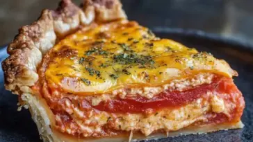 Close-up slice of cheesy tomato pie with layers of fresh tomatoes, creamy filling, and golden baked cheese in a flaky pie crust, served on a dark plate