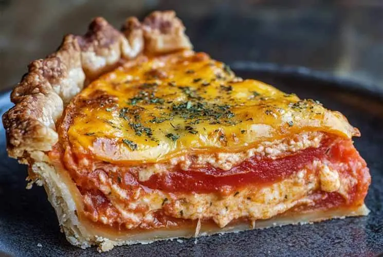 Close-up slice of cheesy tomato pie with layers of fresh tomatoes, creamy filling, and golden baked cheese in a flaky pie crust, served on a dark plate