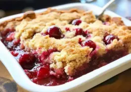 Golden-brown cherry dump cake in a white baking dish, filled with bubbling cherry pie filling and a crisp, buttery cake topping, ready to serve.