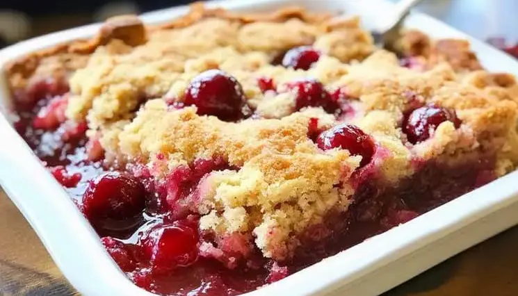Golden-brown cherry dump cake in a white baking dish, filled with bubbling cherry pie filling and a crisp, buttery cake topping, ready to serve.