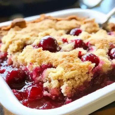 Close-up of a freshly baked cherry dump cake in a white baking dish, showing golden buttery topping and vibrant cherry filling bubbling at the edges.