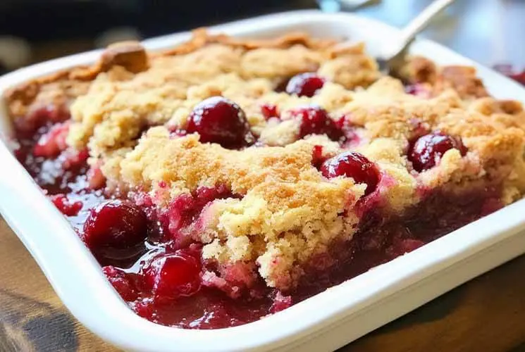 Golden-brown cherry dump cake in a white baking dish, filled with bubbling cherry pie filling and a crisp, buttery cake topping, ready to serve.